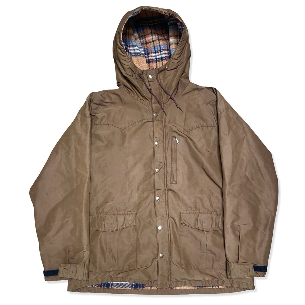 VTG 80s Field & Stream Hooded Jacket Brown Plaid Lined Men's Size L Hunting Coat